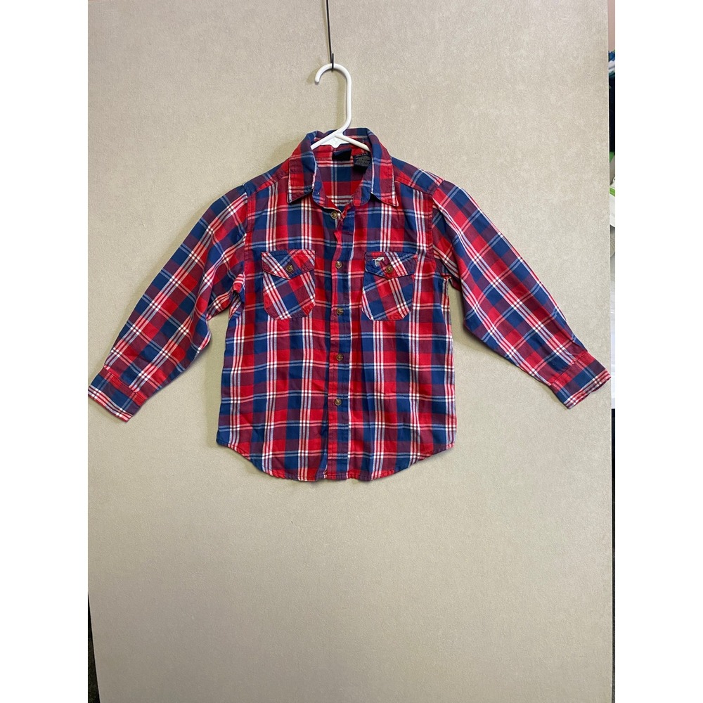 Wrangler Jeans Co Boys Red Blue Plaid Button Down Flannel Shirt Size S 6/7